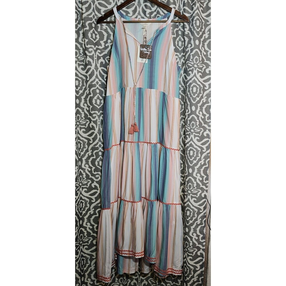 Matilda Jane Maxi Dress Medium Stripe Sunset Season Boho Pockets Flowy LARGE